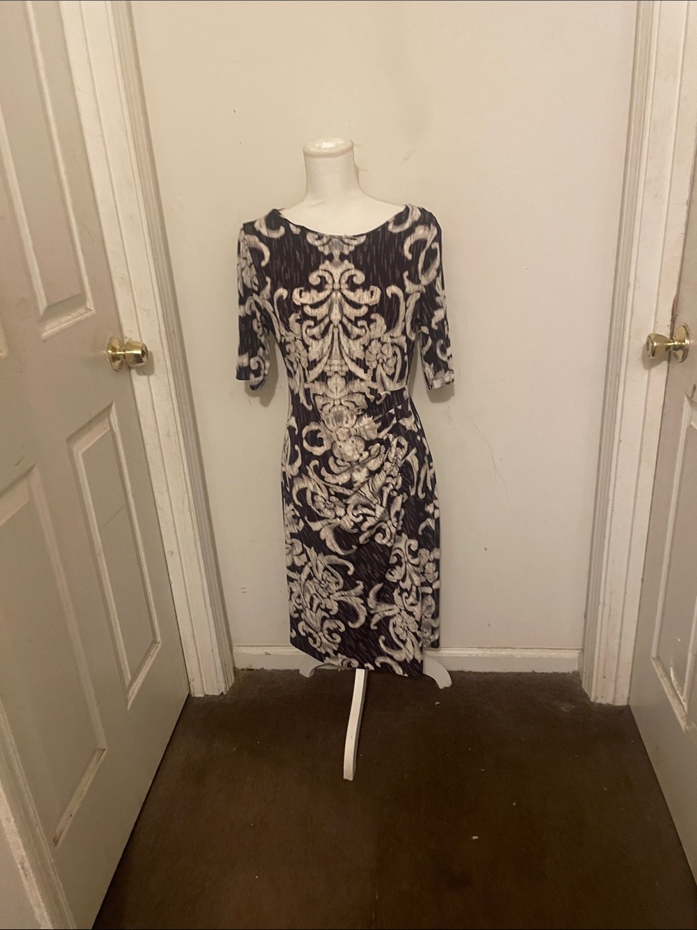 connected apparel Black and White Baroque Midi Dress